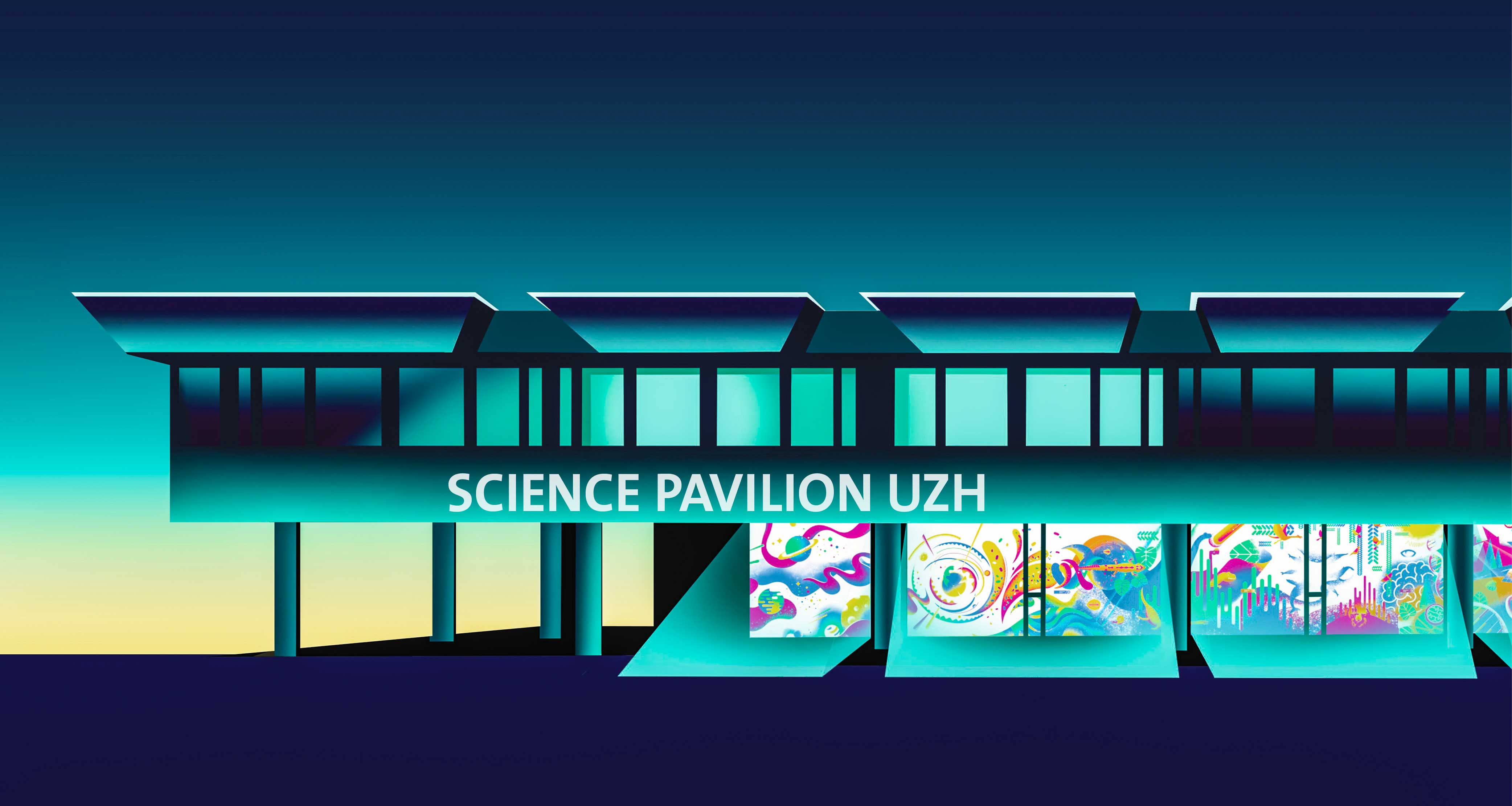 Illustration des Science Pavilion UZH. Die bunten Fenster des Museums heben sich von einem blaugrünen Hintergrund ab.
