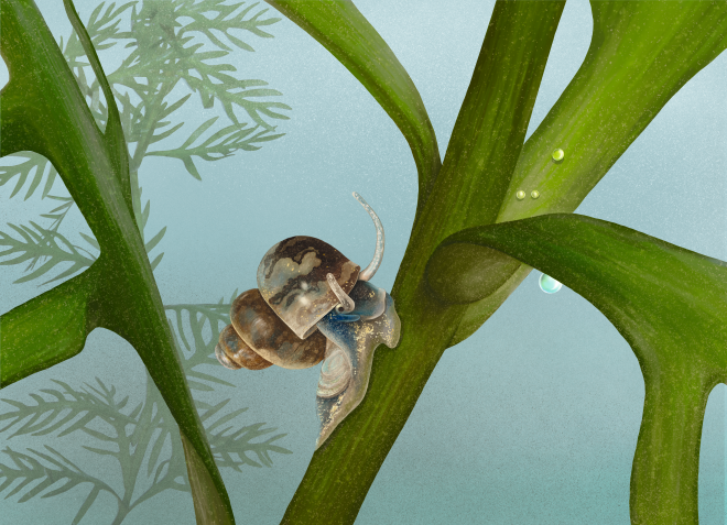 Illustration of Bithynia leachii, a small freshwater snail, on a stem.
