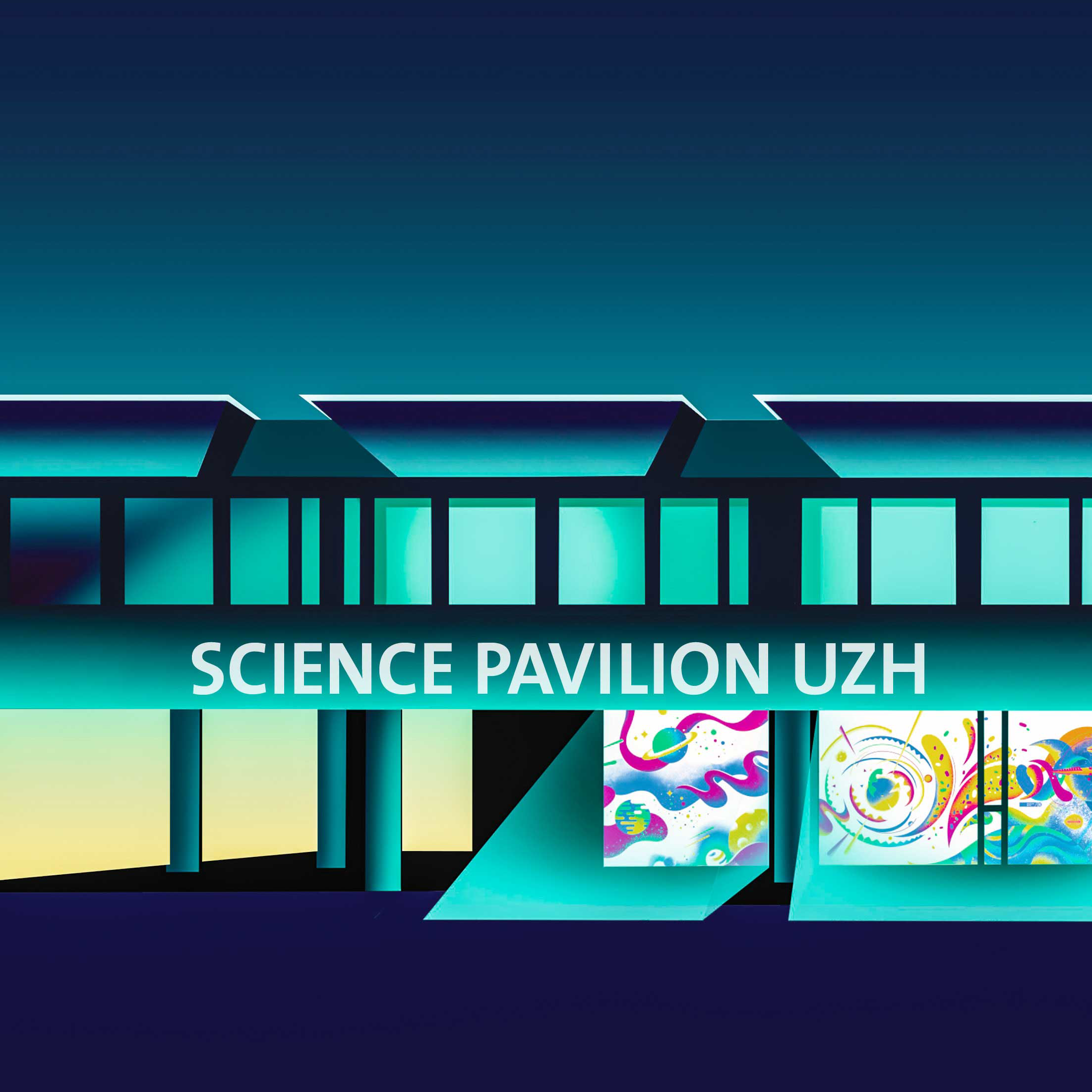 Illustration des Science Pavilion UZH. Das Bild ist hauptsächlich blau und marineblau und das bunte Fenster des Museums hebt sich heller ab.