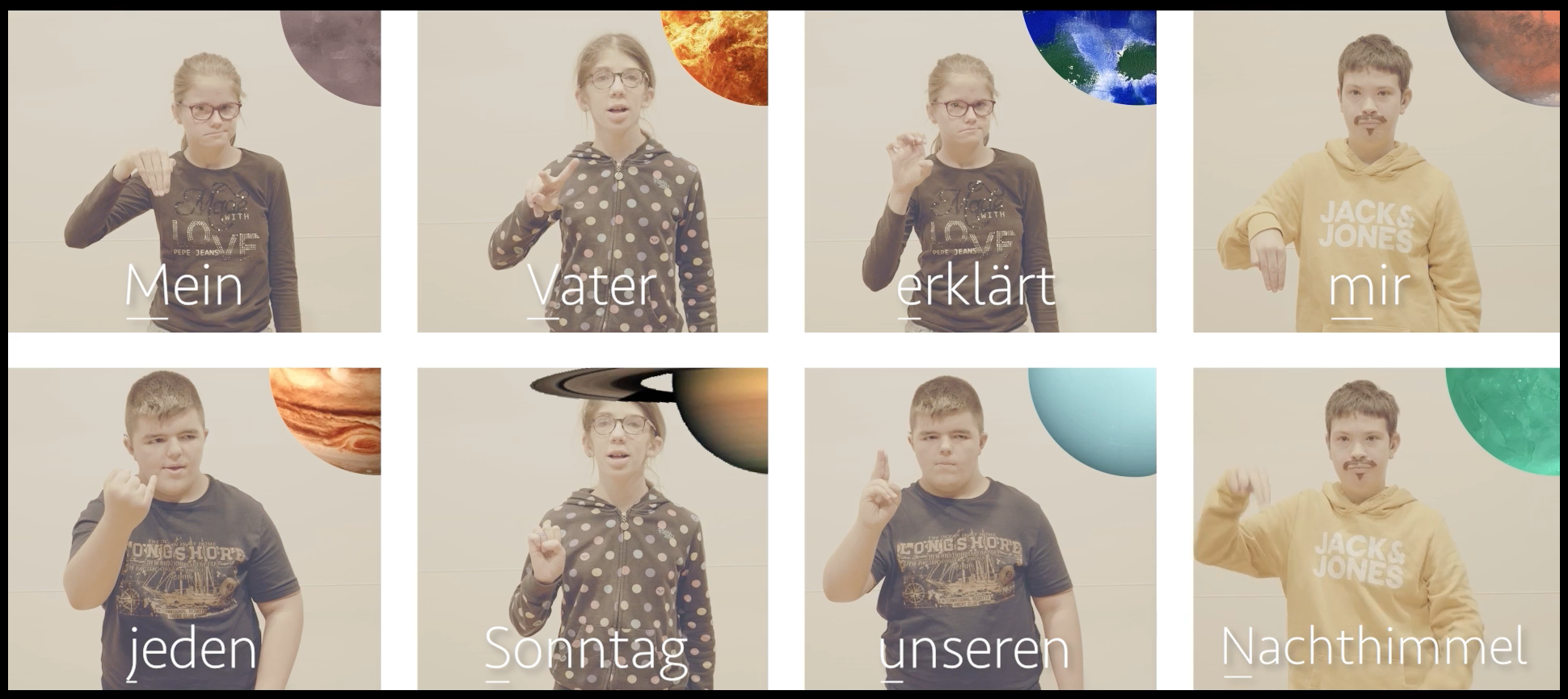 Screenshot des Videos: 4 Kinder gebärden die Initialen des Satzes "Mein Vater erklärt mir jeden Sonntag unseren Nachthimmel"