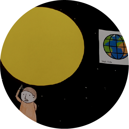 Illustration der Erde, die die Sonne umkreist. Unten ist eine Figur zu sehen, die das Wort "Sonne" gebärdet.