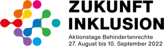 Logo der Aktionstage Behindertenrechte 2022. Auf der linken Seite sind bunte, miteinander verbundene Punkte zu sehen. Rechts steht 'Zukunft Inlkusion' drauf.