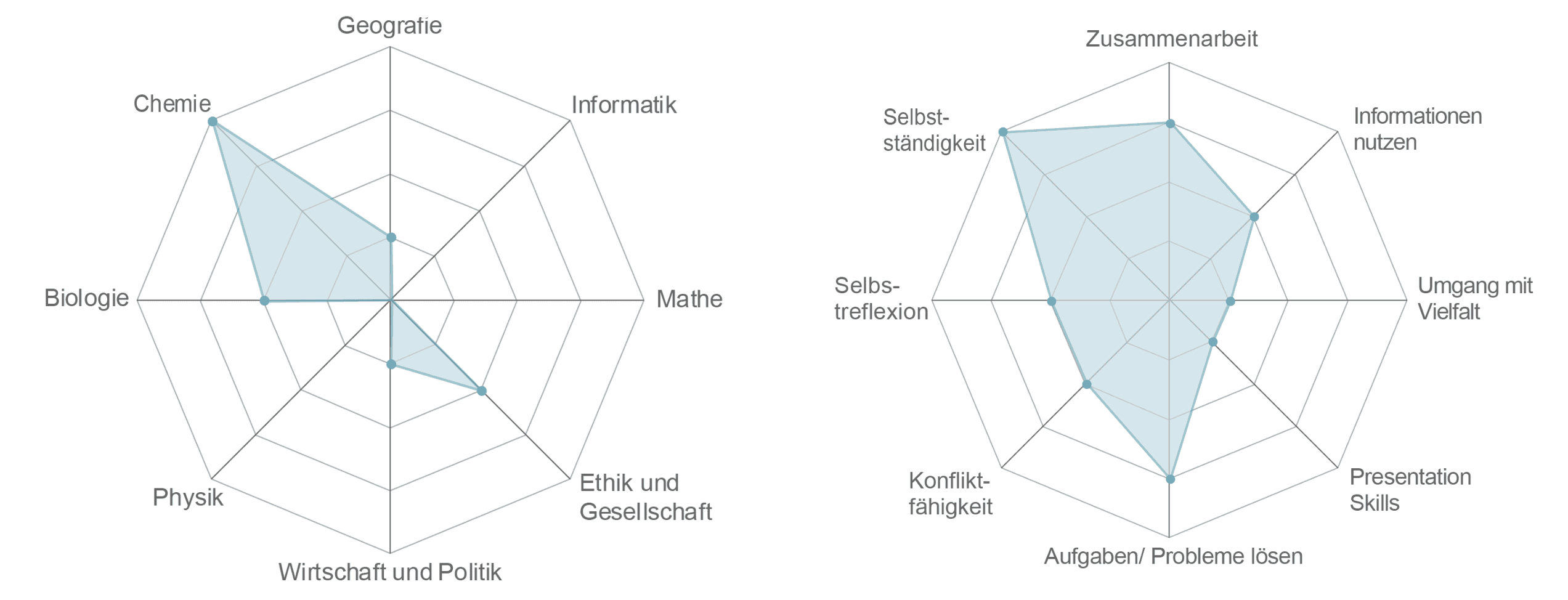 ALT= Spiderweb für Fachbereiche (Werte von 0 bis 5): Chemie=4, Geographie=1, Informatik=1, Mathe=0, Ethik und Gesellschaft=2, Wirtschaft und Politik=1, Physik=0, Biologie=2.