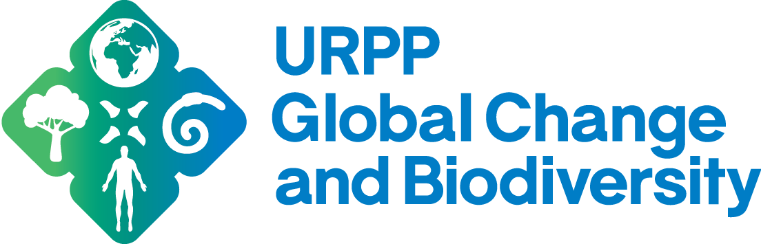 URPP Logo: ein Baum, ein Mensch, ein Regenwurm und die Erde auf 4 Blaue und Grün Vierecken. 