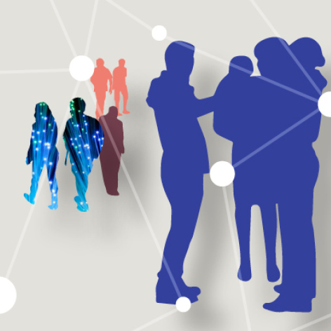 Illustration mit bunten Silhouetten von Menschengruppen, die sich unterhalten. In Grau überlagert sind einige Knotenpunkte und Linien dargestellt.