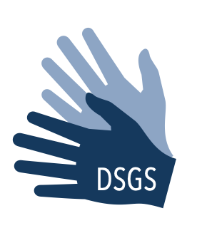 Symbol für die Deutsche Schweizer Gebärdensprache: zwei offene blaue Hände mit der Aufschrift DSGS.